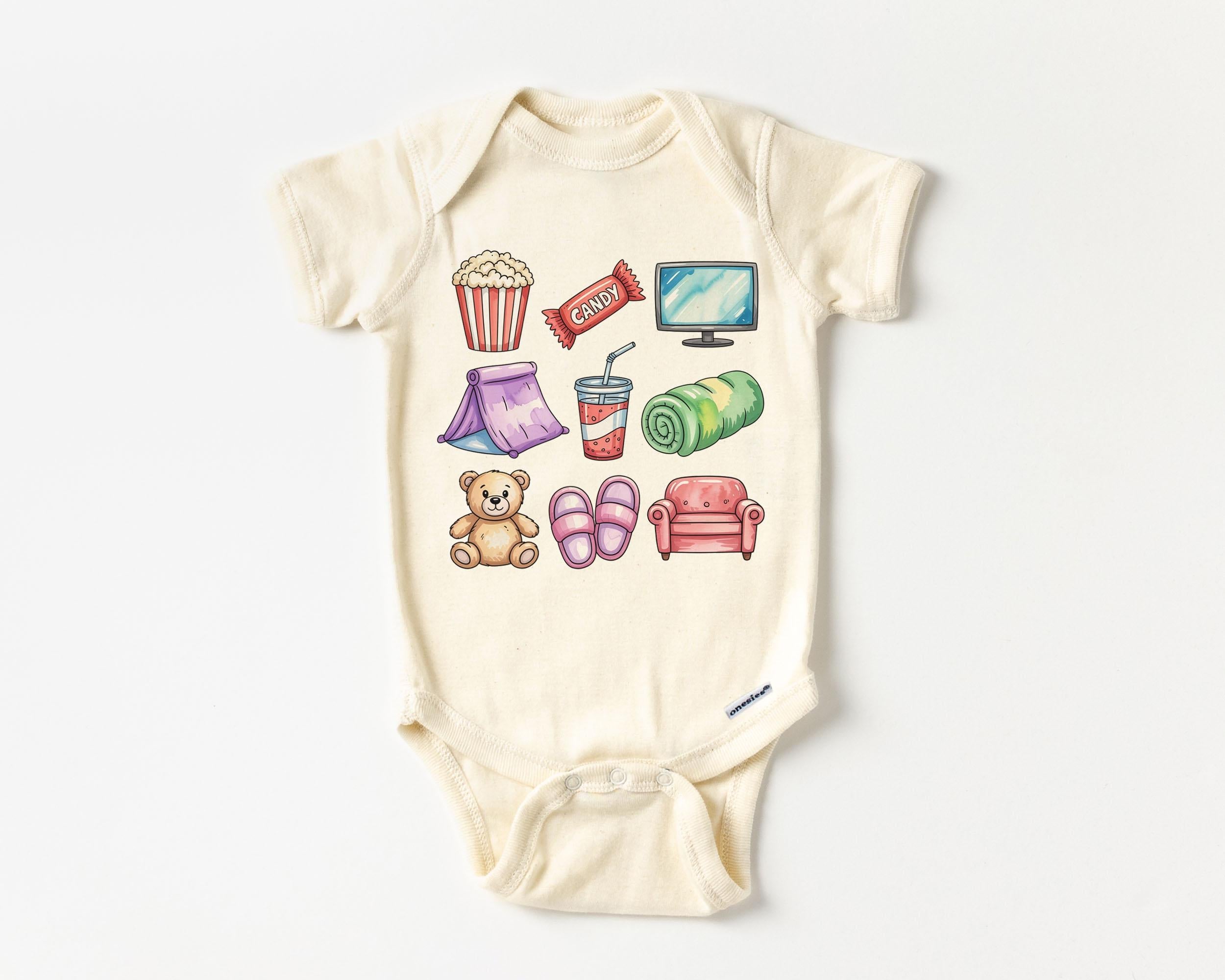 Retro Movie Night Doodles Toddler Tee Popcorn Tv Candy Teddy Bear Fort Natural Boho Toddler Tee (2)