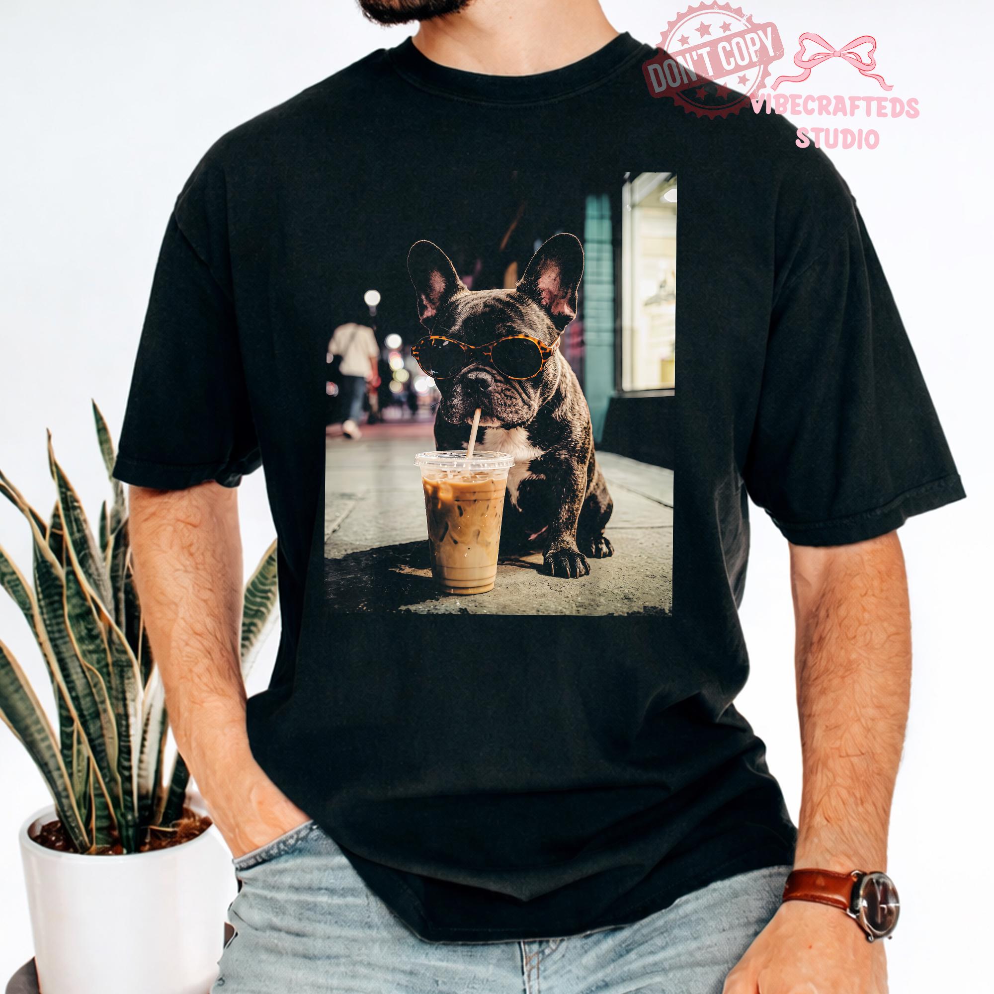 French Bulldog Iced Coffee Dog Coffee Lover Tee Grunge Frenchie Dog Tee Comfort Colors (3)