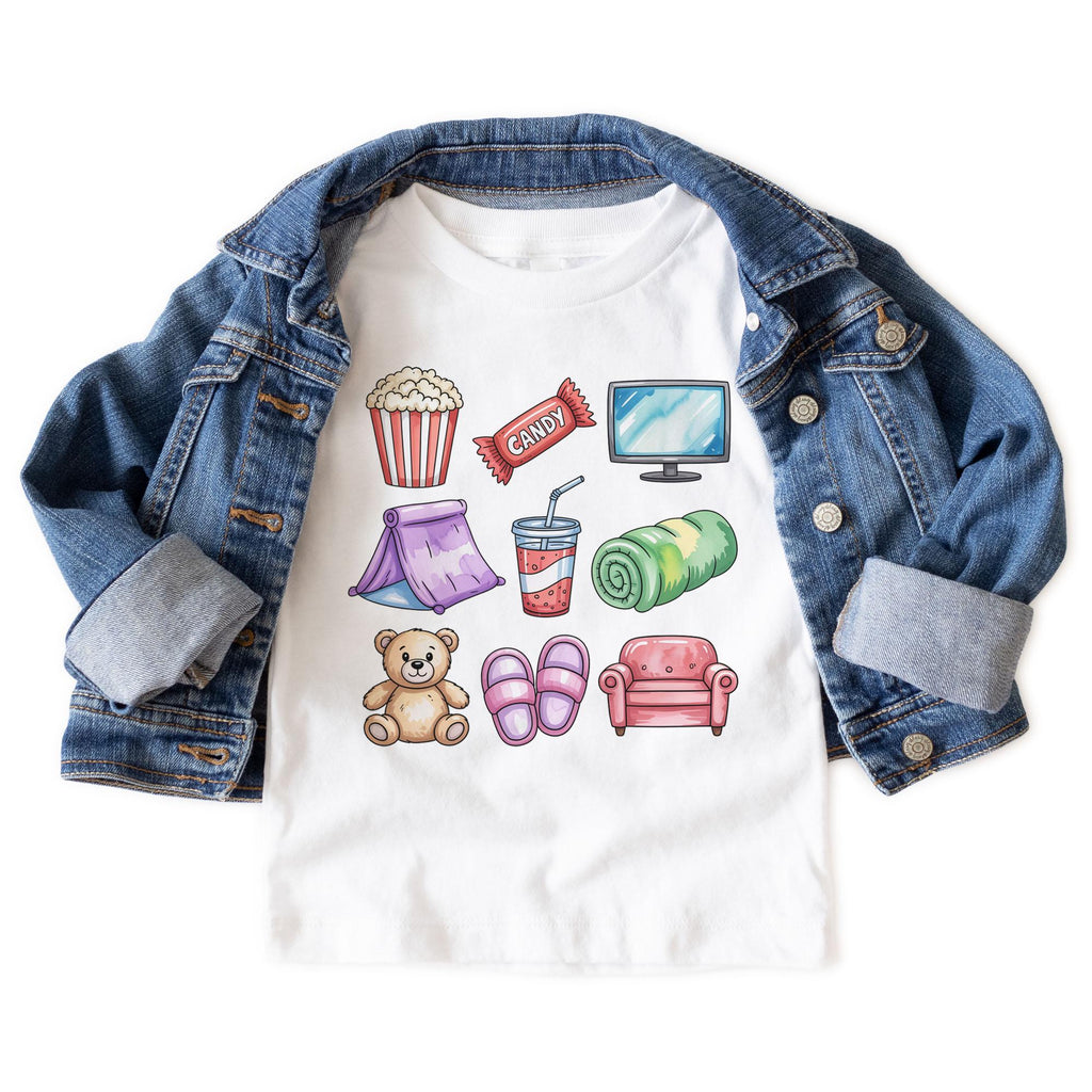 Retro Movie Night Doodles Toddler Tee Popcorn Tv Candy Teddy Bear Fort Natural Boho Toddler Tee (3)