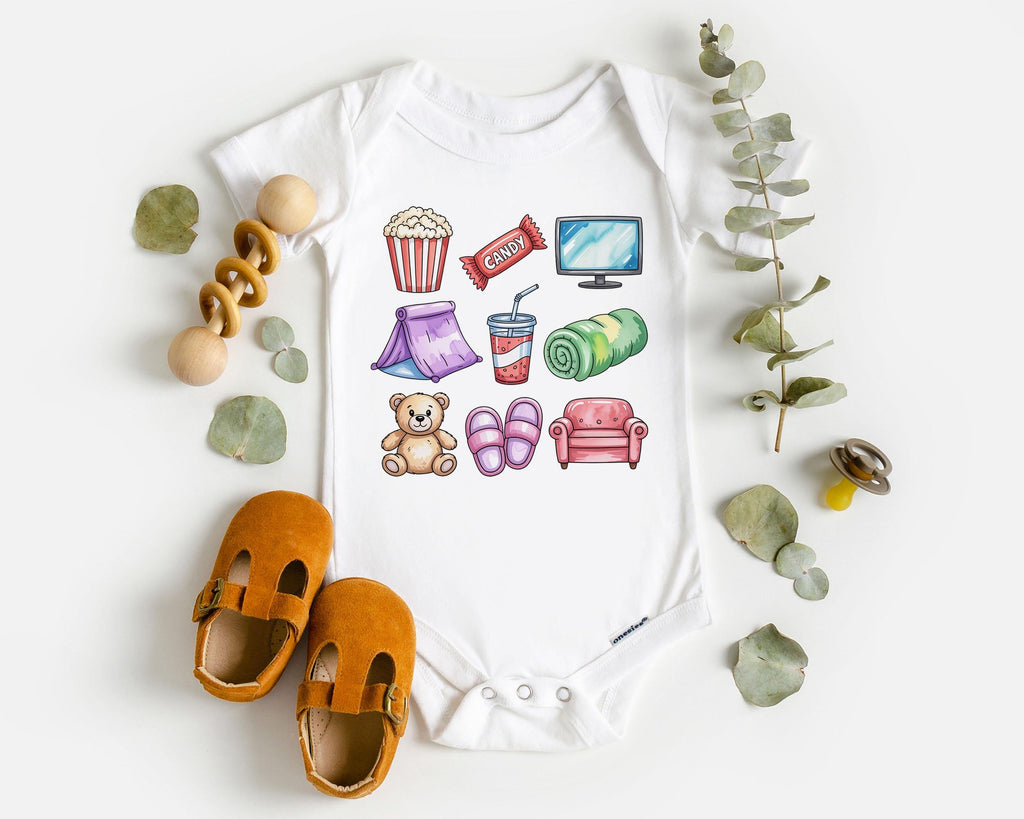Retro Movie Night Doodles Toddler Tee Popcorn Tv Candy Teddy Bear Fort Natural Boho Toddler Tee (4)
