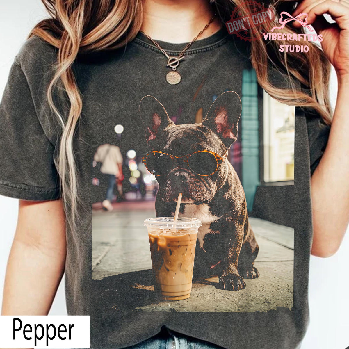 French Bulldog Iced Coffee Dog Coffee Lover Tee Grunge Frenchie Dog Tee Comfort Colors (1)