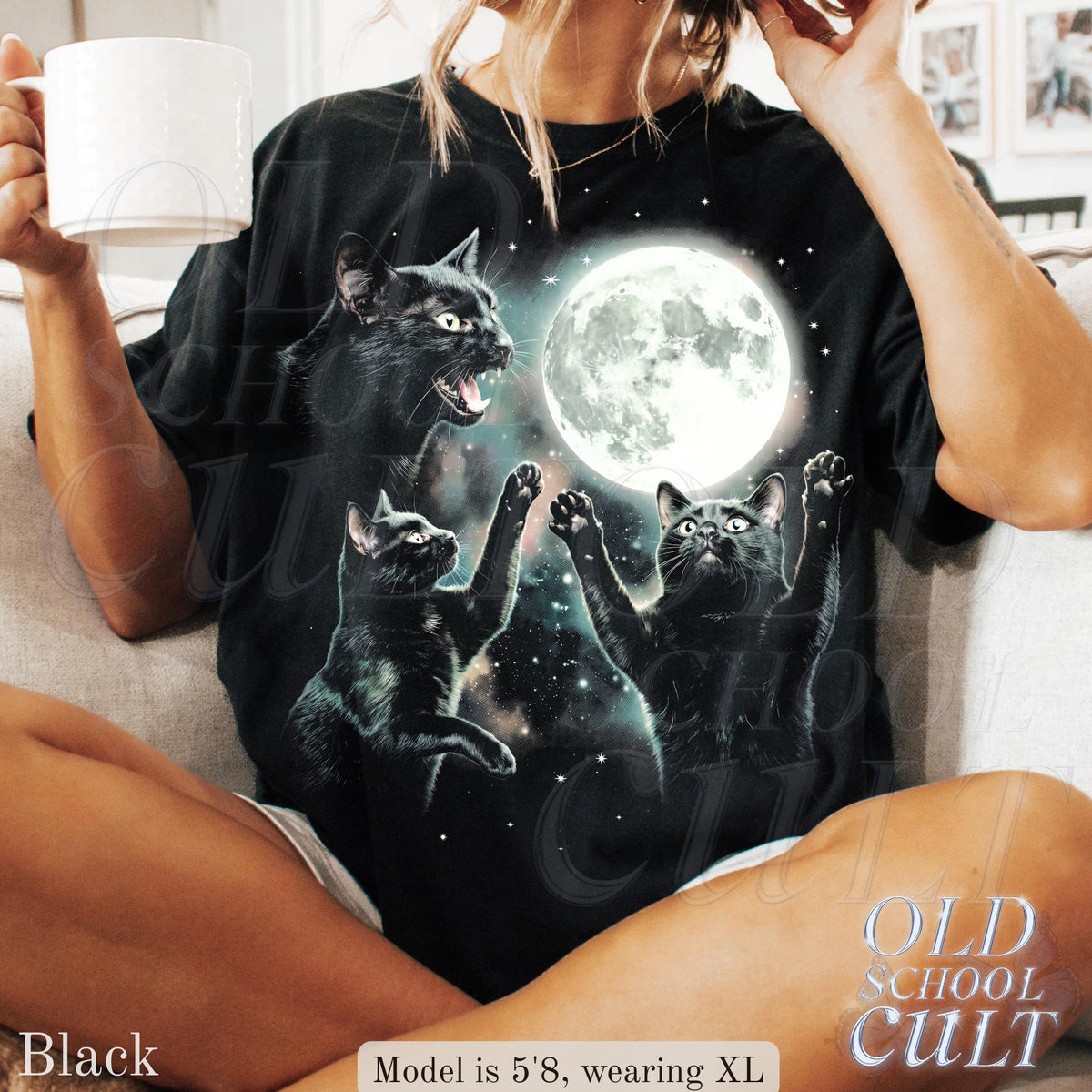 Vintage Black Cat Moon Celestial Cat Lover Tee Spooky Gothic Kitty (4)