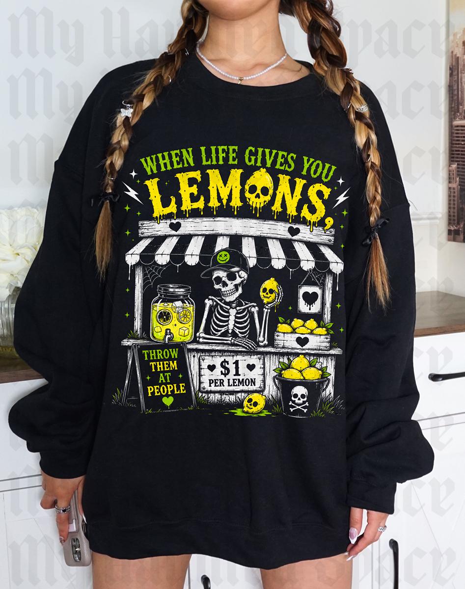 Life Gives Lemons Spooky Goth Creepy Lemonade Stand Sarcastic Goth Skeleton Summer Tee (4)