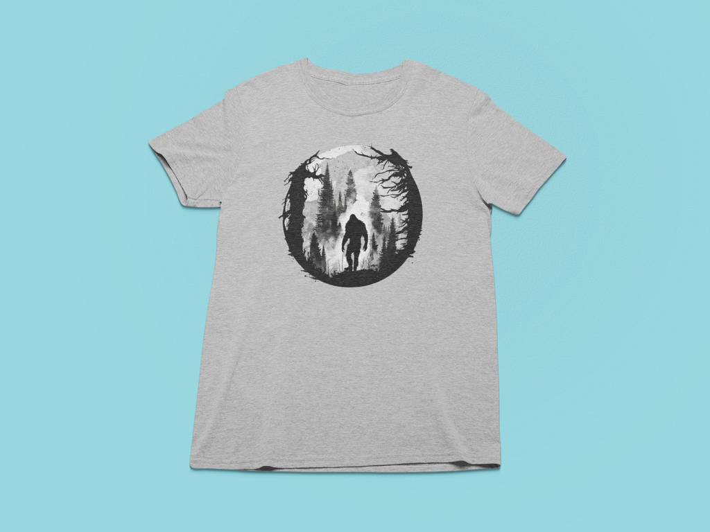 Bigfoot Silhouette Nature Scene T-Shirt (Gray)