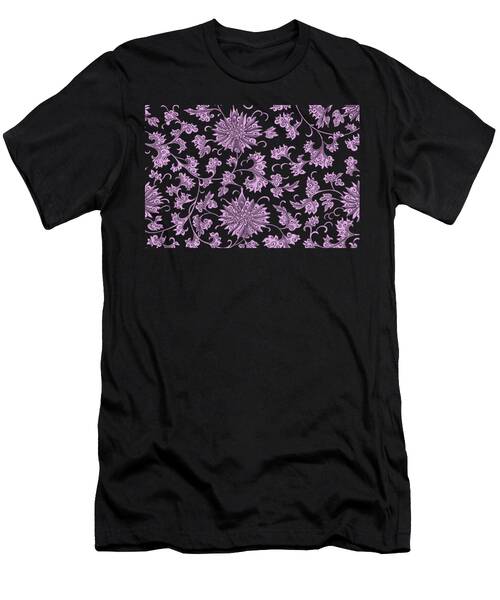Elegant Black And Pastel Magenta Floral Design - Flowers And Leaves Pattern T-Shirt