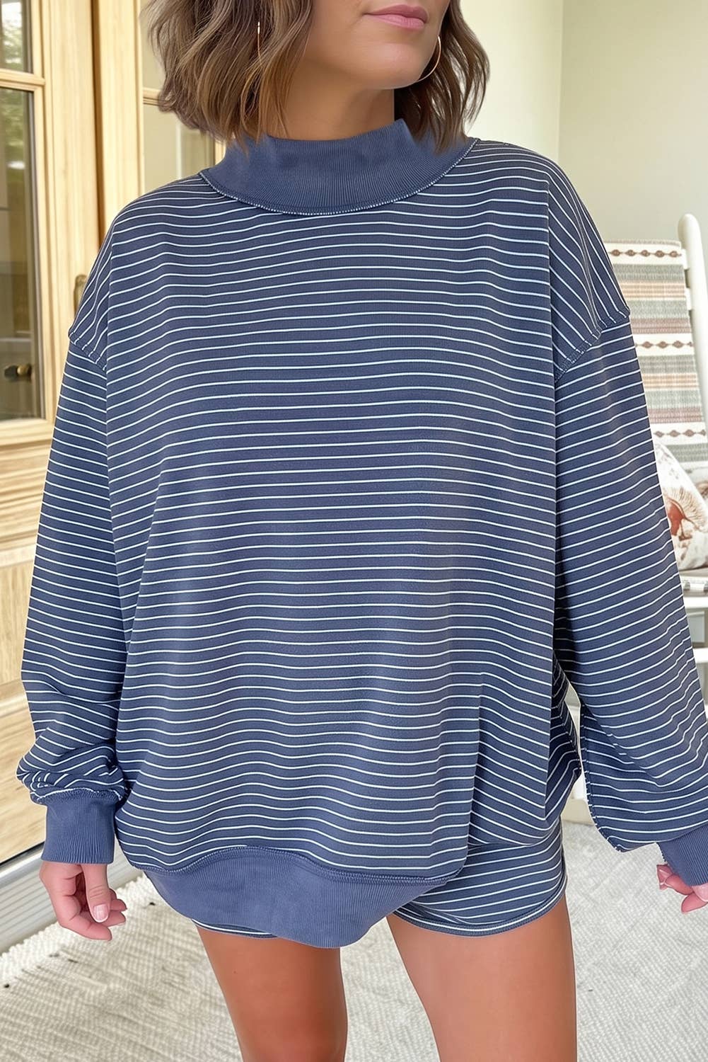 66 Stripe Mock Neck Pullover Matching Shorts Set (S-Xl)