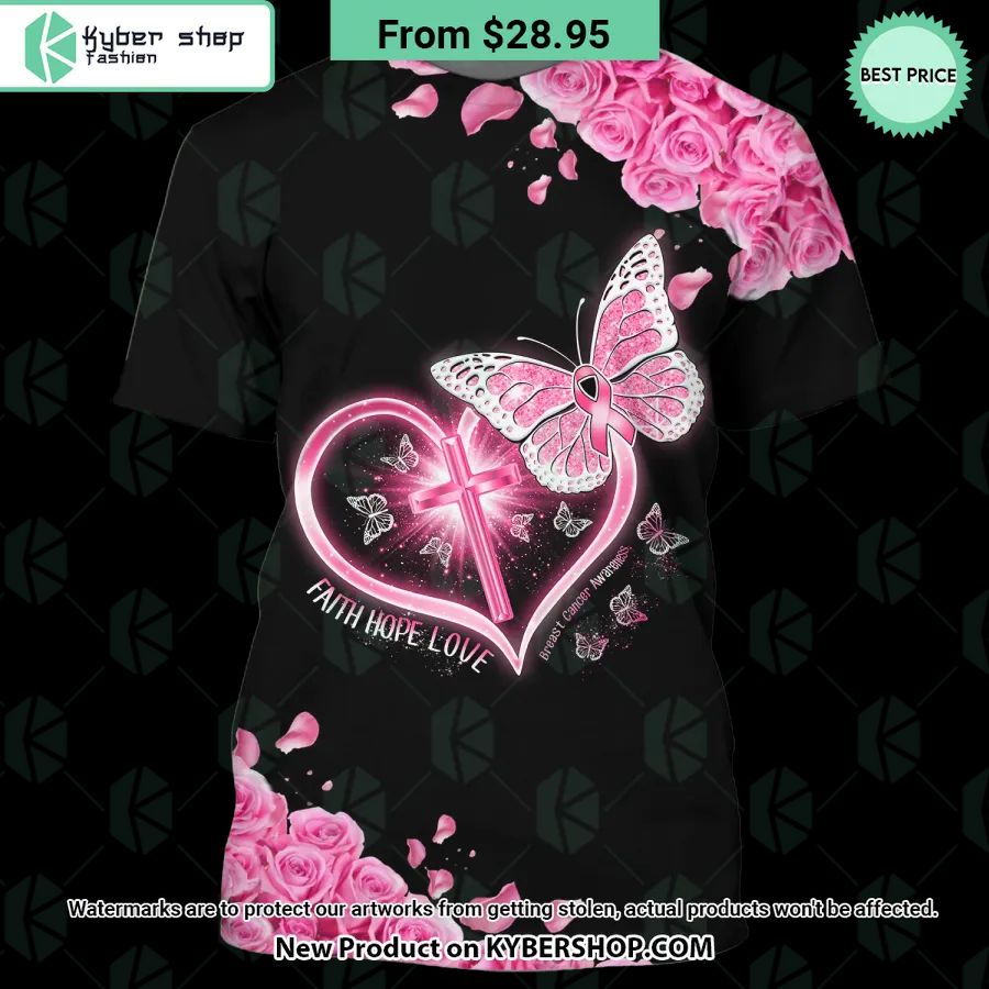 Faith Hope Love Breast Cancer Awareness Butterfly Rose T Shirt