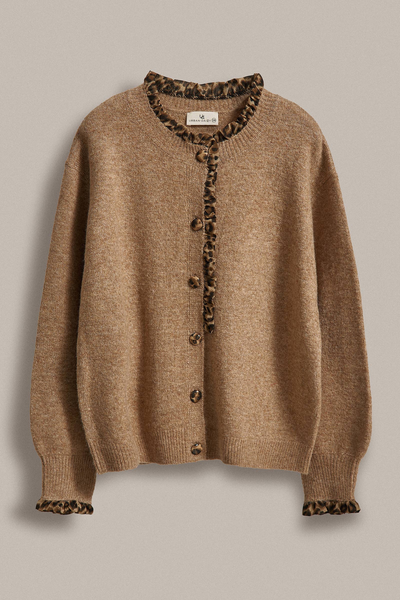 Leopard Ruffle Trim Knit Cardigan