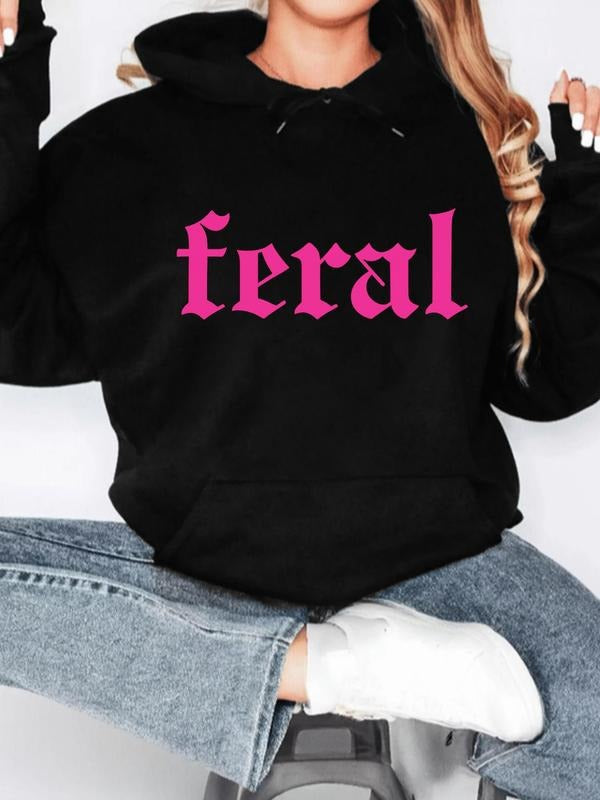 "feral" Dark Cool Hoodie, Gothic Font, Punk Style, Fitted Winter Sweatshirt, Trendy Streetwear for Women