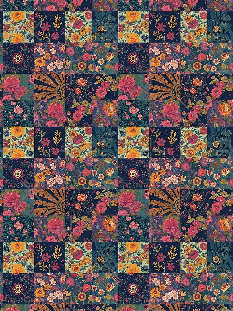 Boho Patchwork Floral Design, Vintage Wildflower Collage Art, Cottagecore Botanical Pattern, Colorful Retro Flower Aesthetic by SezzyDesigns