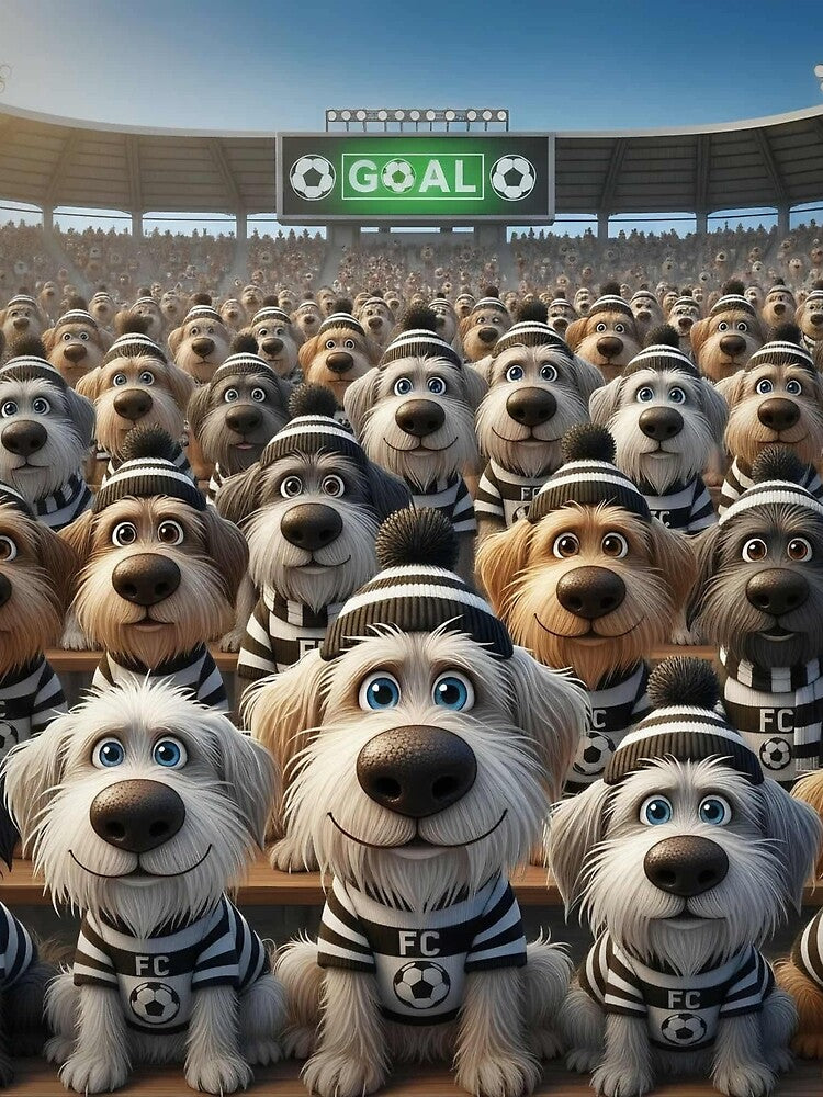 Cute Cartoon Dogs as Soccer Fans in Black and White Stadium Crowd by Pixel Pout