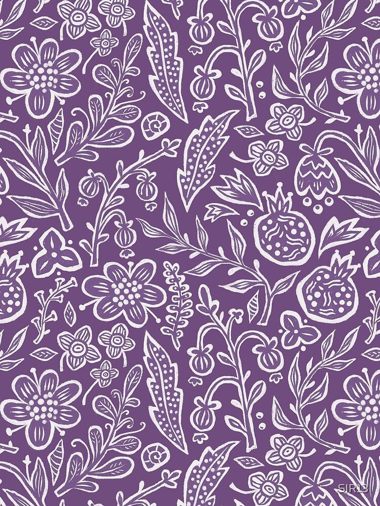 Boho Folk Floral Pattern | Scandinavian Cottagecore Botanical Print on Purple by SIR13