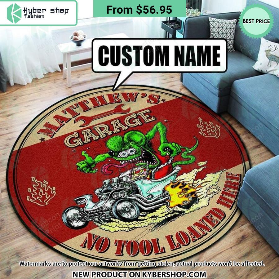 Rod Garage No Tool Loaned Here Rat Fink CUSTOM Round Rug
