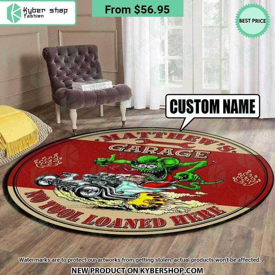 Rod Garage No Tool Loaned Here Rat Fink CUSTOM Round Rug