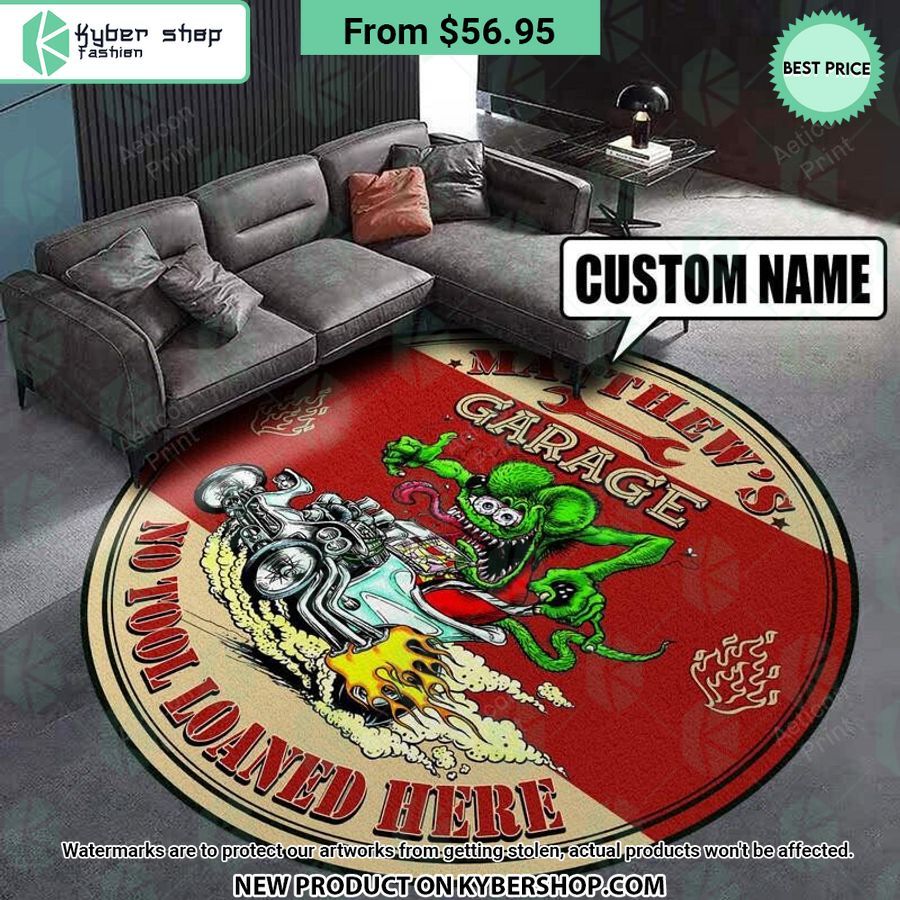 Rod Garage No Tool Loaned Here Rat Fink CUSTOM Round Rug