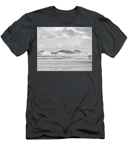 Iceland Snowy Hills Landscape With Tree In Minimalist Black And White T-Shirt