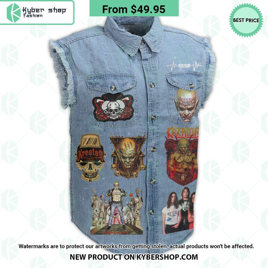 Kreator Rock Hand Sign Sleeveless Denim Jacket