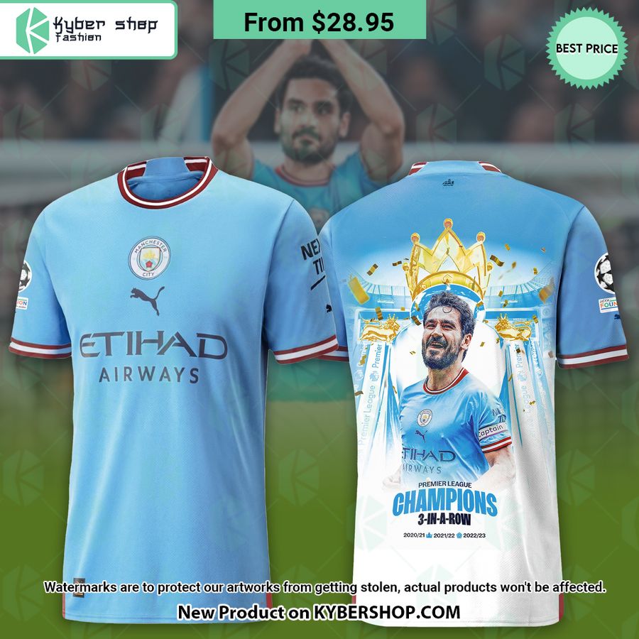 Manchester City Etihad Airways 3 in a row Champions Blue T Shirt