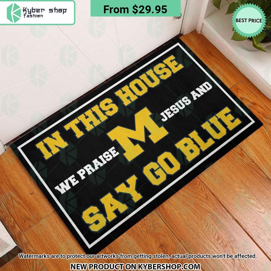 Michigan Wolverines In This House We Praise Jesus and Say Go Blue Doormat