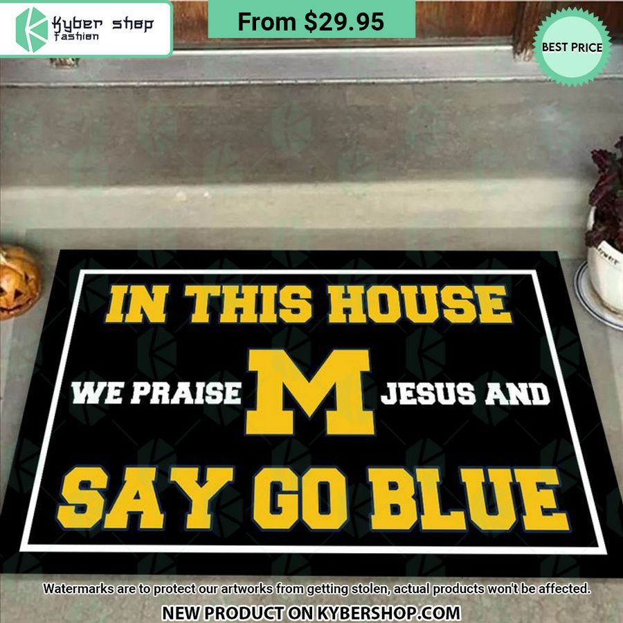 Michigan Wolverines In This House We Praise Jesus and Say Go Blue Doormat