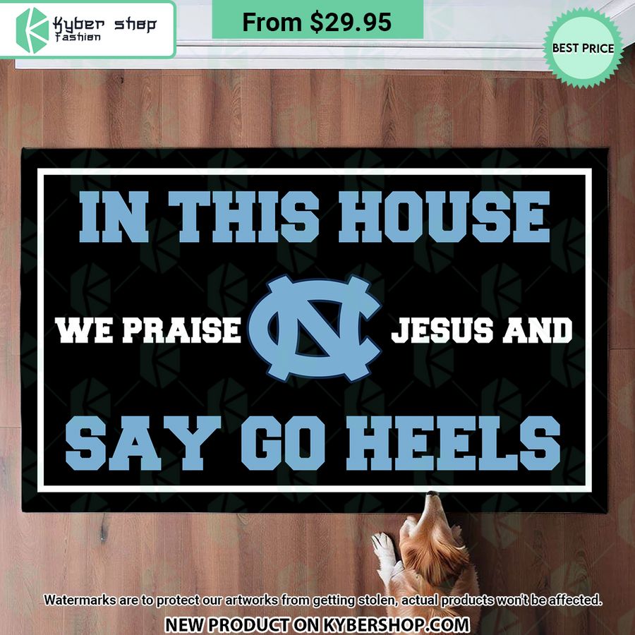 North Carolina Tar Heels In This House We Praise Jesus and Say Go Heels Doormat