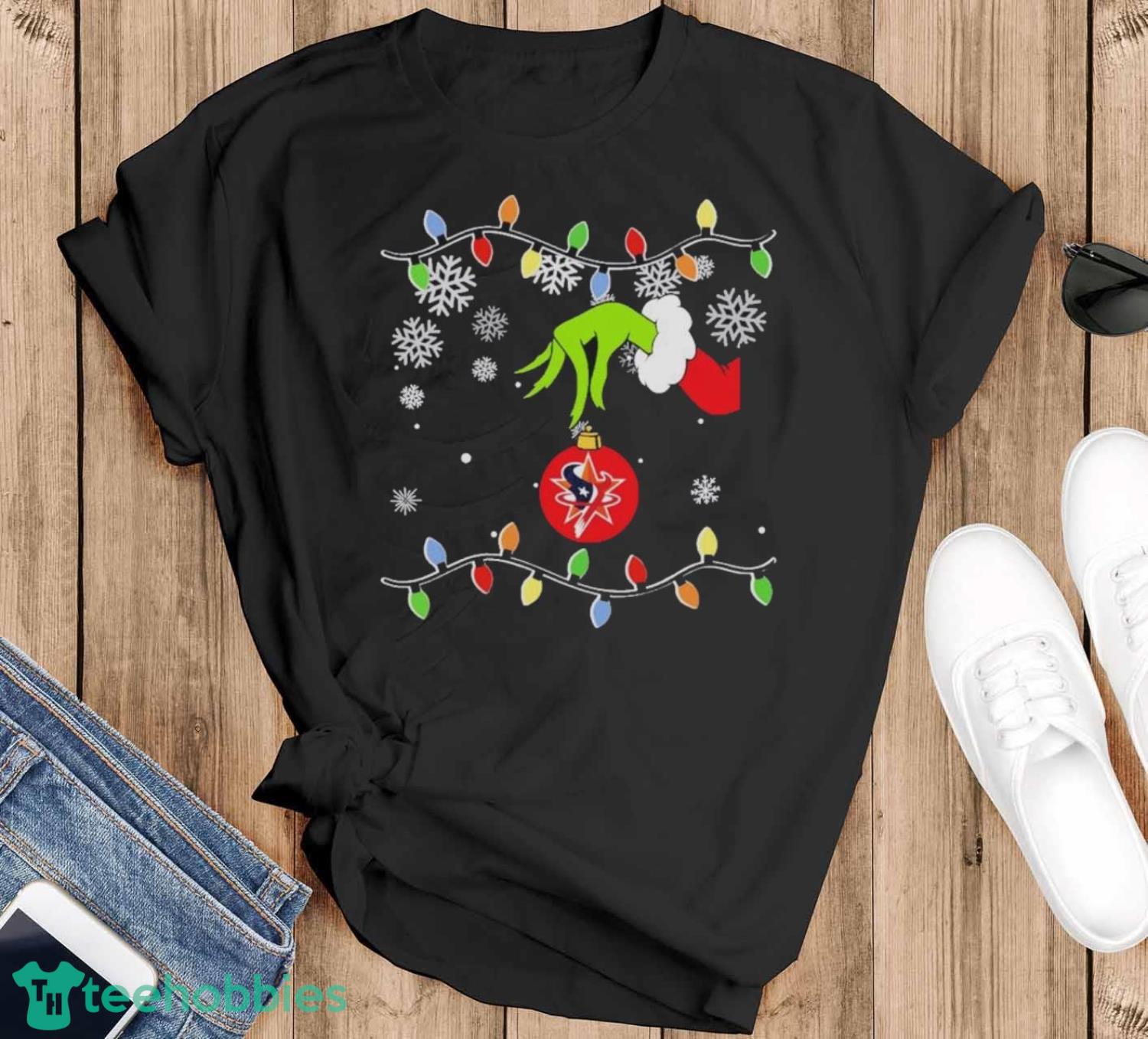 Grinch Hand Holding Ornament Houston Texans Christmas Light Shirt