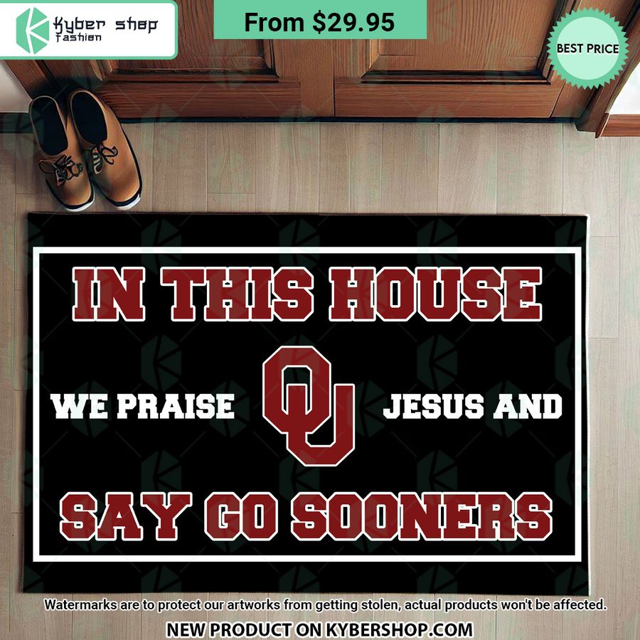 Oklahoma Sooners In This House We Praise Jesus and Say Go Sooners Doormat