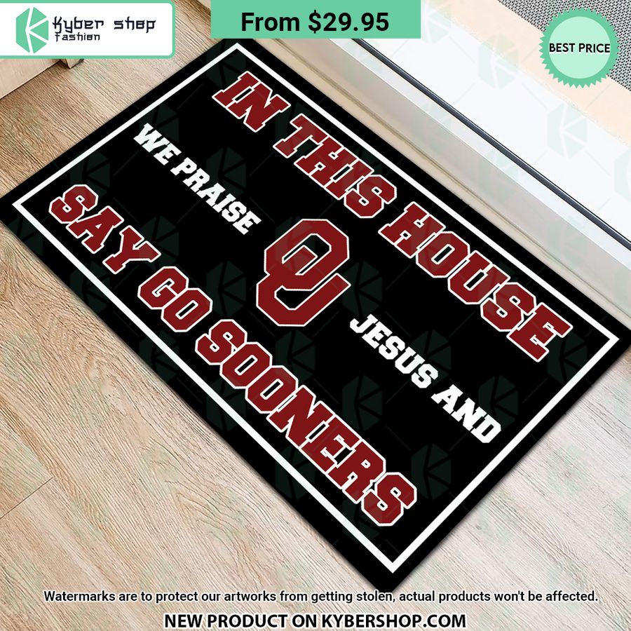 Oklahoma Sooners In This House We Praise Jesus and Say Go Sooners Doormat