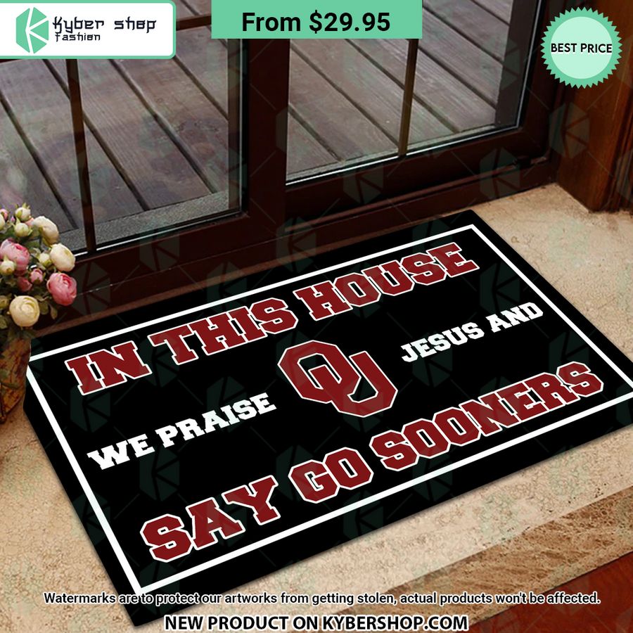 Oklahoma Sooners In This House We Praise Jesus and Say Go Sooners Doormat