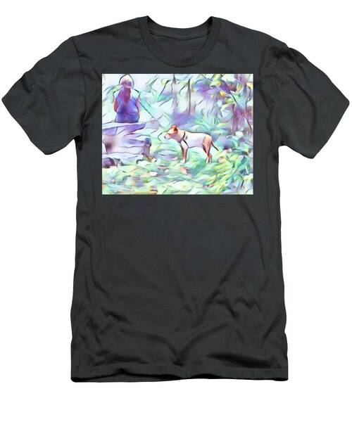 Pastel Of Woman With A Dog Surrounded By A Garden T-Shirt