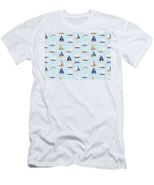 Patterned Sailboats on Blue Background T-Shirt