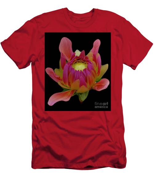 Pink Dahlia Bud  Black T-Shirt