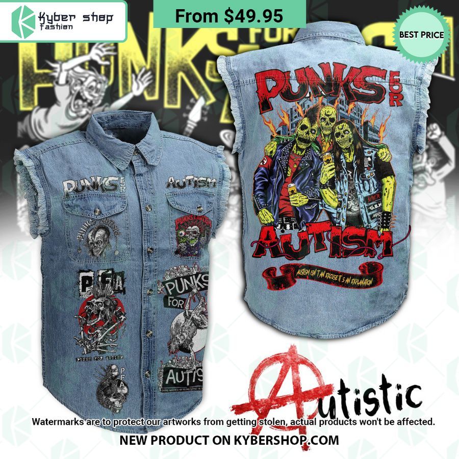 Punks For Autism Skull Sleeveless Denim Jacket