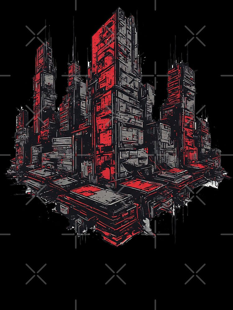 Dystopian Red Cyberpunk Floating City by BassLineDesign