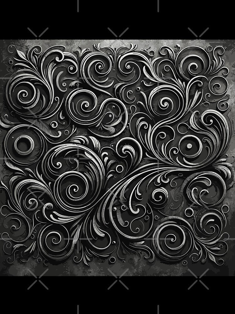 Dark Academia Scroll Pattern in Metallic Grunge Charcoal Grey by SamJanner