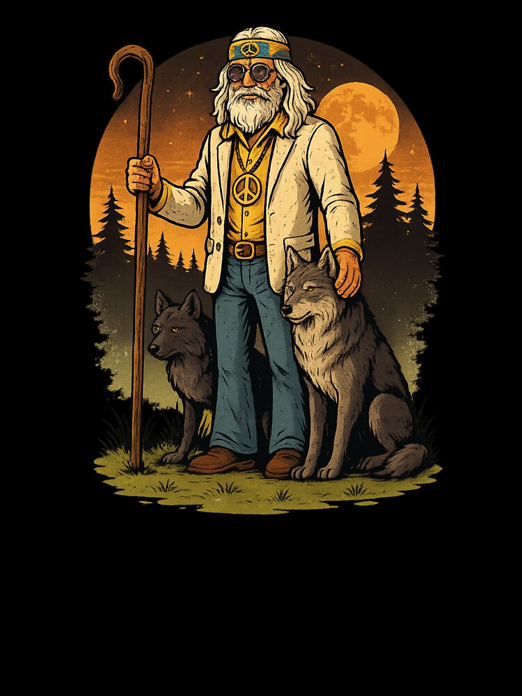 Elderly White Hippie Wolf Shepherd – Mystical Funny Retro Design by Lunaria Arts