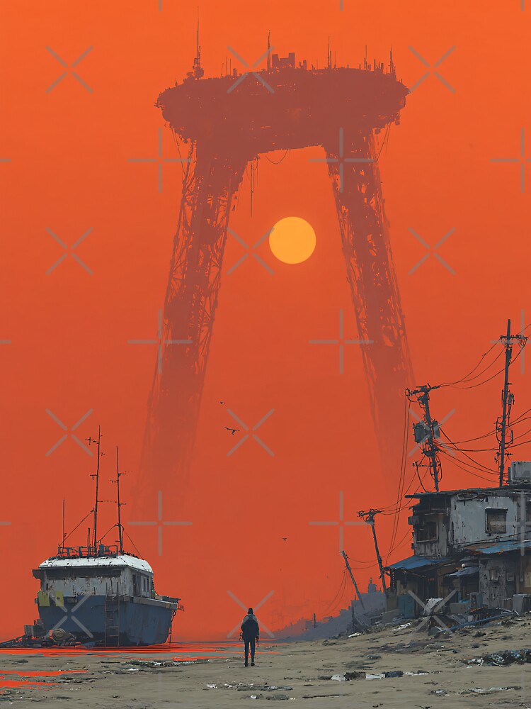 Dystopian Sci Fi Landscape Digital Art Cyberpunk Wall Decor Orange Sunset Poster Future Concept Print by MetroEnvision