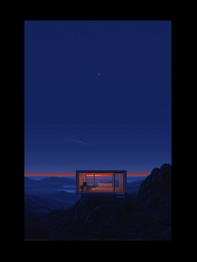 Minimalist Mountain Cabin at Twilight Ethereal Space Age Landscape Art Print by hub.