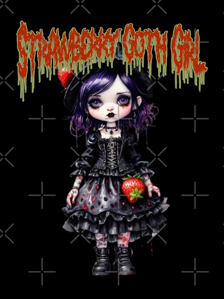 Strawberry Goth Girl with Strawberry on her dress in watercolor paint by EmeraldCauldren