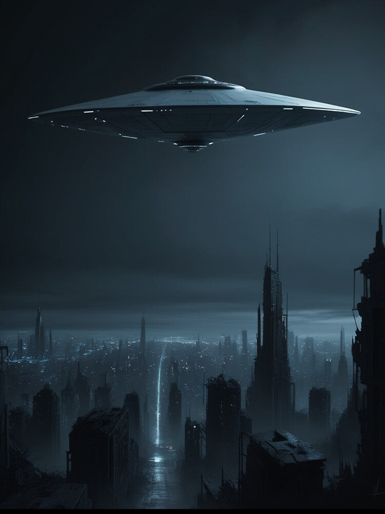 Mysterious UFO Over Dystopian Cityscape by PMBlack1990