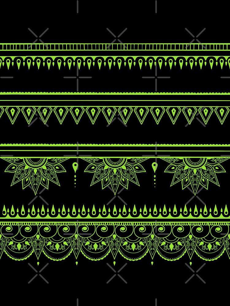 South asian patterns kiwi green on black by Chaoticzarts