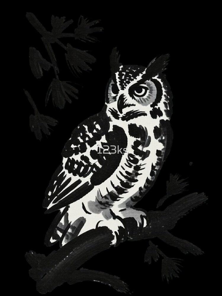 A black ink brush sumi-e painting of a great horned owl perched on weathered pine by 123ks