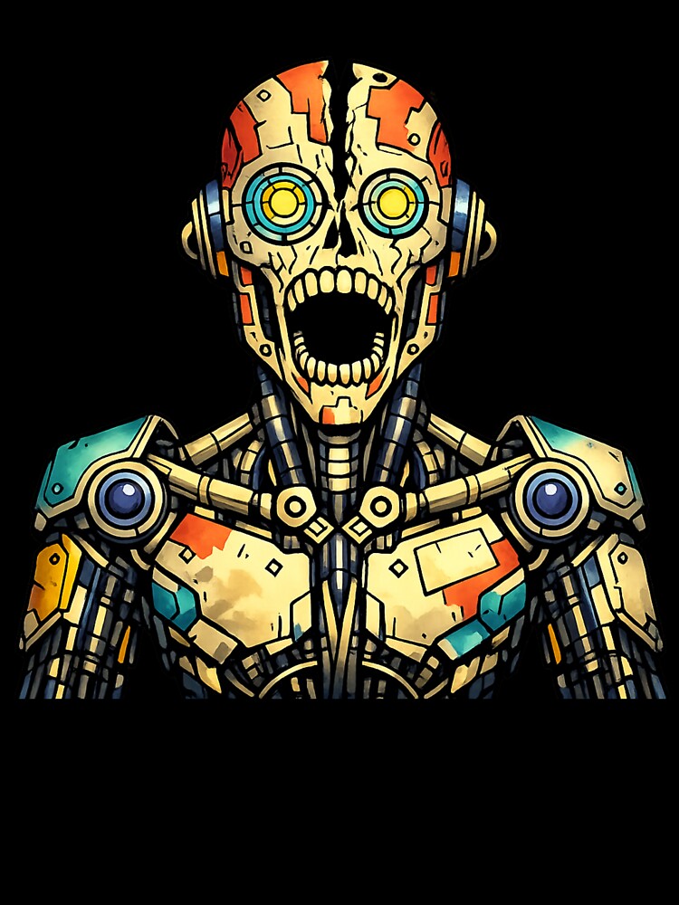 creepy robot illustration — dark sci‑fi tee design by SoftSproutstu