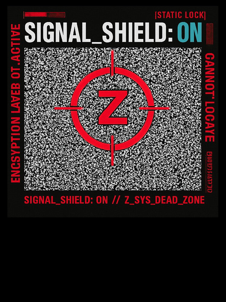 Signal Shield ON Z System Glitch Cyberpunk Graphic T-Shirt by ZEBBEDE - Minimal Streetwear