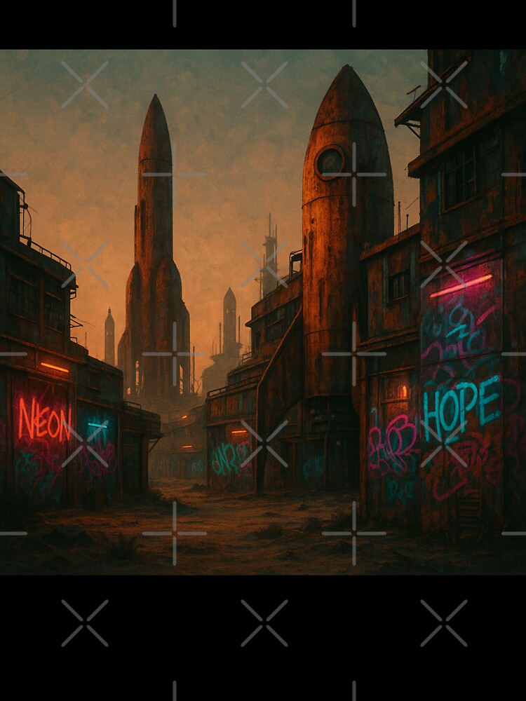 Abandoned Space Colony – Rusted Rockets and Neon Graffiti by holaitssher
