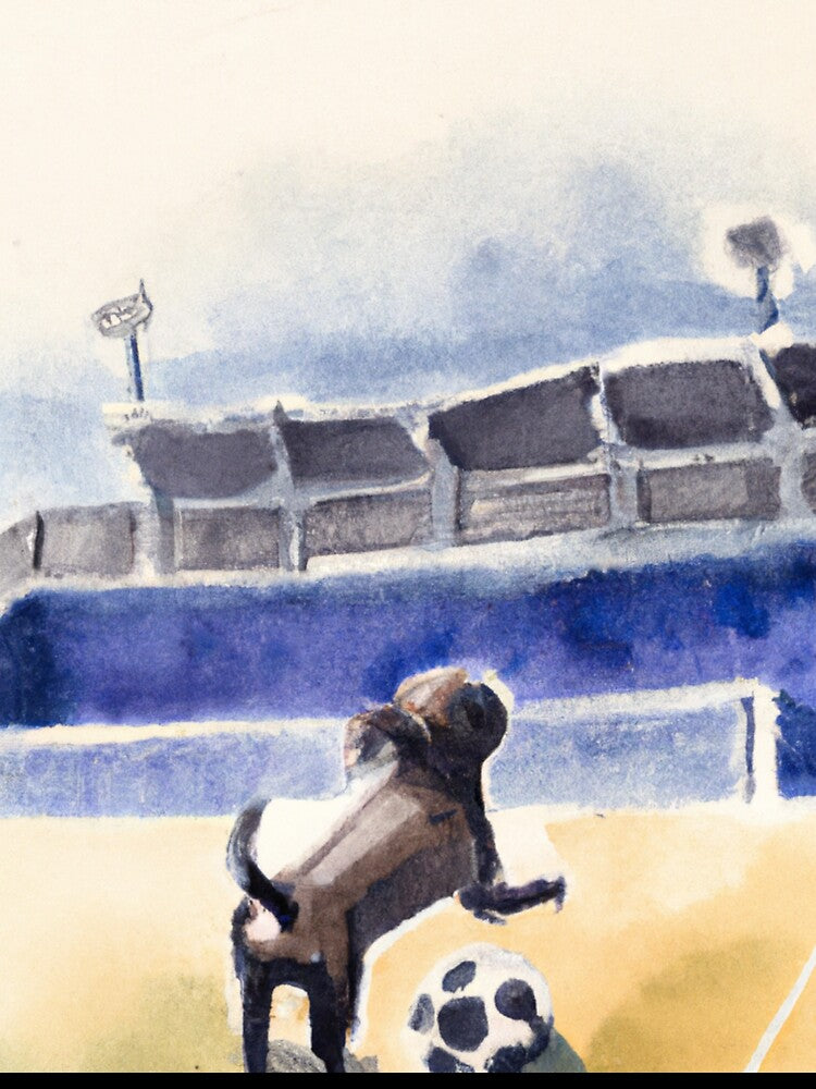 Dog playing soccer at the stadium-Edited AI generated art by Frostp
