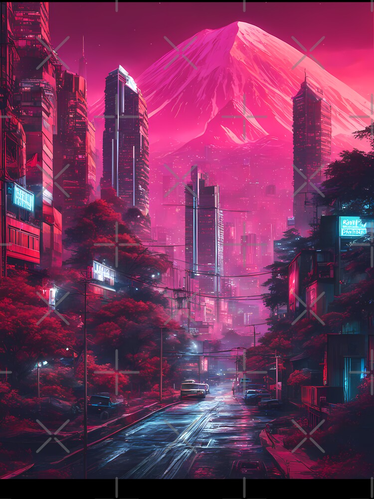 Sci-Fi Neon Cityscape with Futuristic Mountain – Urban Dystopian Landscape by MystiqSlav
