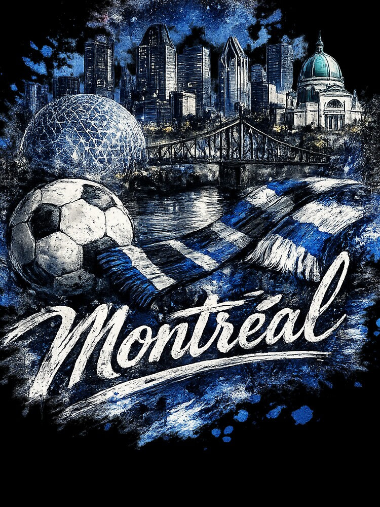 Montreal Soccer Skyline Design – Blue City Football Artwork, Montreal Fan Apparel, Urban Sports Graphic, Canada Soccer Design by GarnerSupplyCo