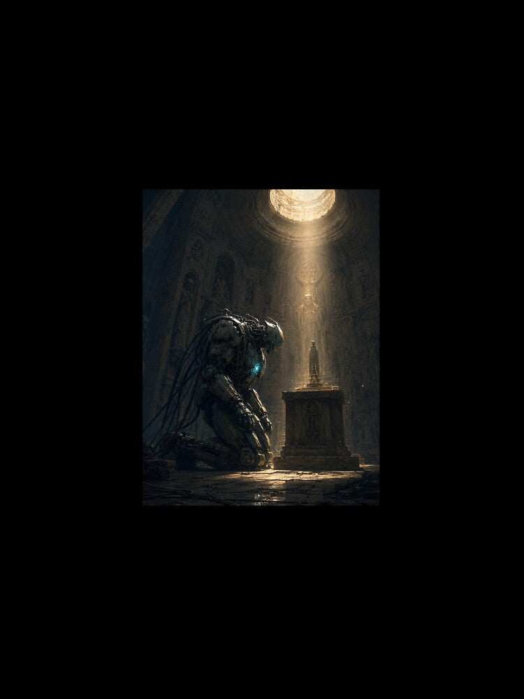 Sacred Mecha Kneeling at Altar - Cyberpunk Concept Art Print by NightlarkS