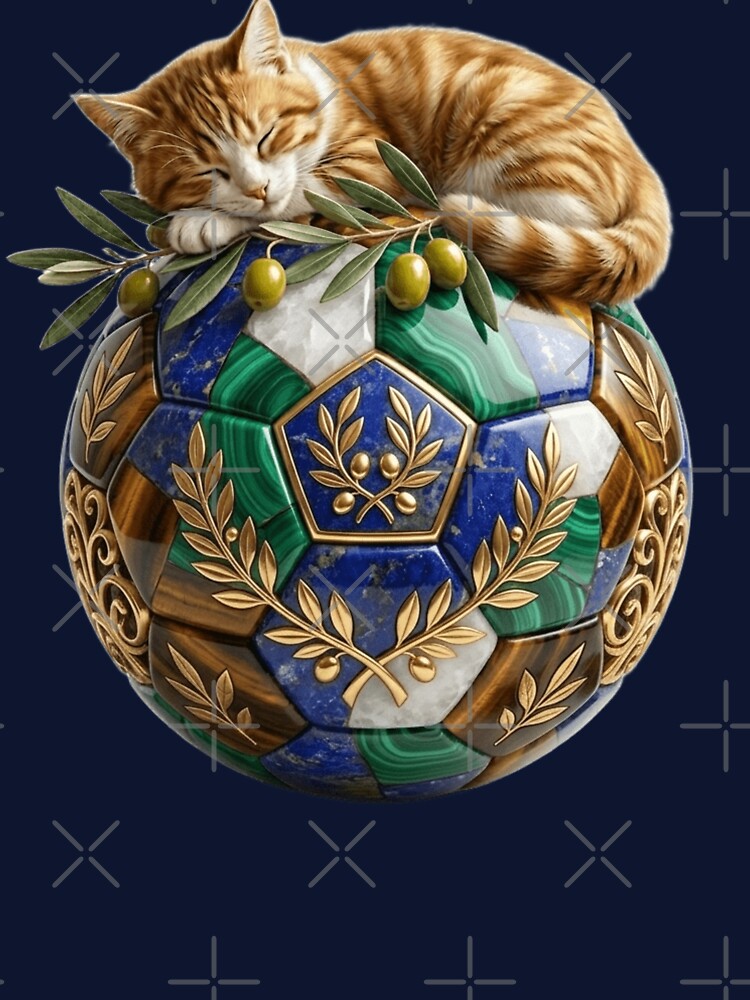 Cute Sleeping Cat on Luxury Soccer Ball Olive Tree Branch Aesthetic by Fatomfatom
